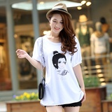 自由羽神2015新款韩版夏装可爱少女钉珠图案短袖宽松T恤中长款1642(白色-0 均码)