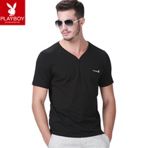 花花公子 休闲修身型夏季男V领半袖棉质莱卡t