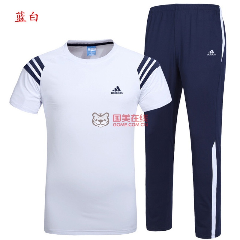 阿迪达斯adidas弹力运动短袖t恤紧身长裤健身跑步时尚透气运动套装蓝