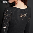 七格格 2016秋冬装新款 纯色性感镂空修身长袖打底内搭T恤女X616(黑色 M)