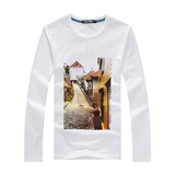 爆眼 新款时尚个性小别墅风景印花加大加肥大码长袖男士T恤 T6667(白色 L)