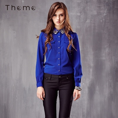 Theme衬衫推荐：Theme掂牌蓝色翻领镶钻修身型女长袖衬衫A