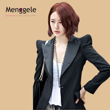 Menggele2015新款春秋装韩版 耸肩西服 垫肩外套修身小西装有加大码(黑色 M)