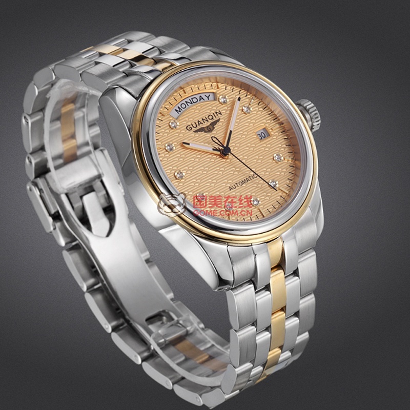 瑞士冠琴男士手表 商务手表 机械表全自动男士精钢防水手表(精钢白面)