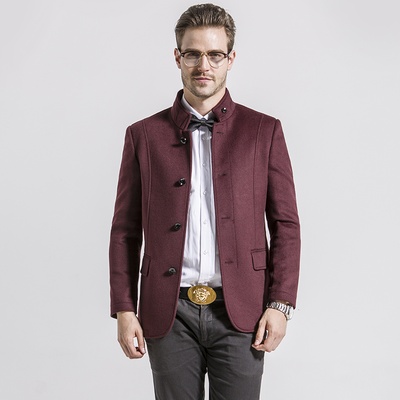 圣吉卡丹男装秋冬新款新中装特价纯色酒红立领休闲短羊毛大衣(xxxl)