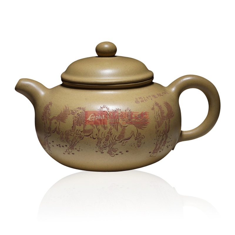 宜兴正品名家 张小岭 全手工 莲子壶张 陶岭 刻绘八骏图 原矿紫砂