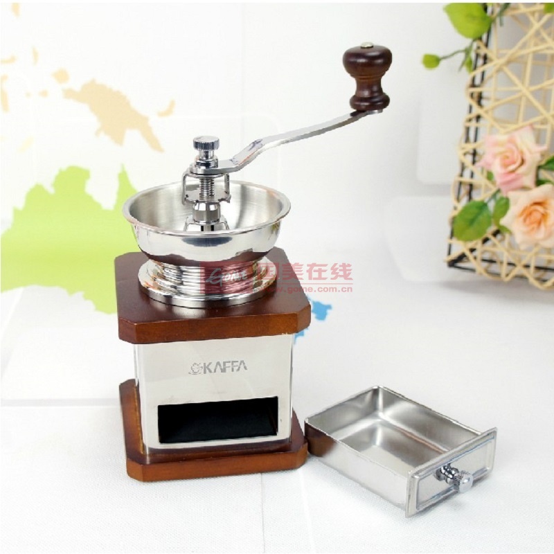 【kaffa其他工具图片】kaffa 卡法 不锈钢方形 原木手摇磨豆机 咖啡