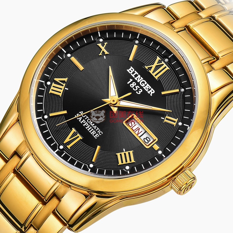 binger手表男士背透镂空全自动机械表精钢带双日历防水夜光时尚自由
