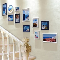 创意楼梯挂墙相框 欧式梯形走廊相片墙组合 美式复合实木照片墙(白蓝\地中海)